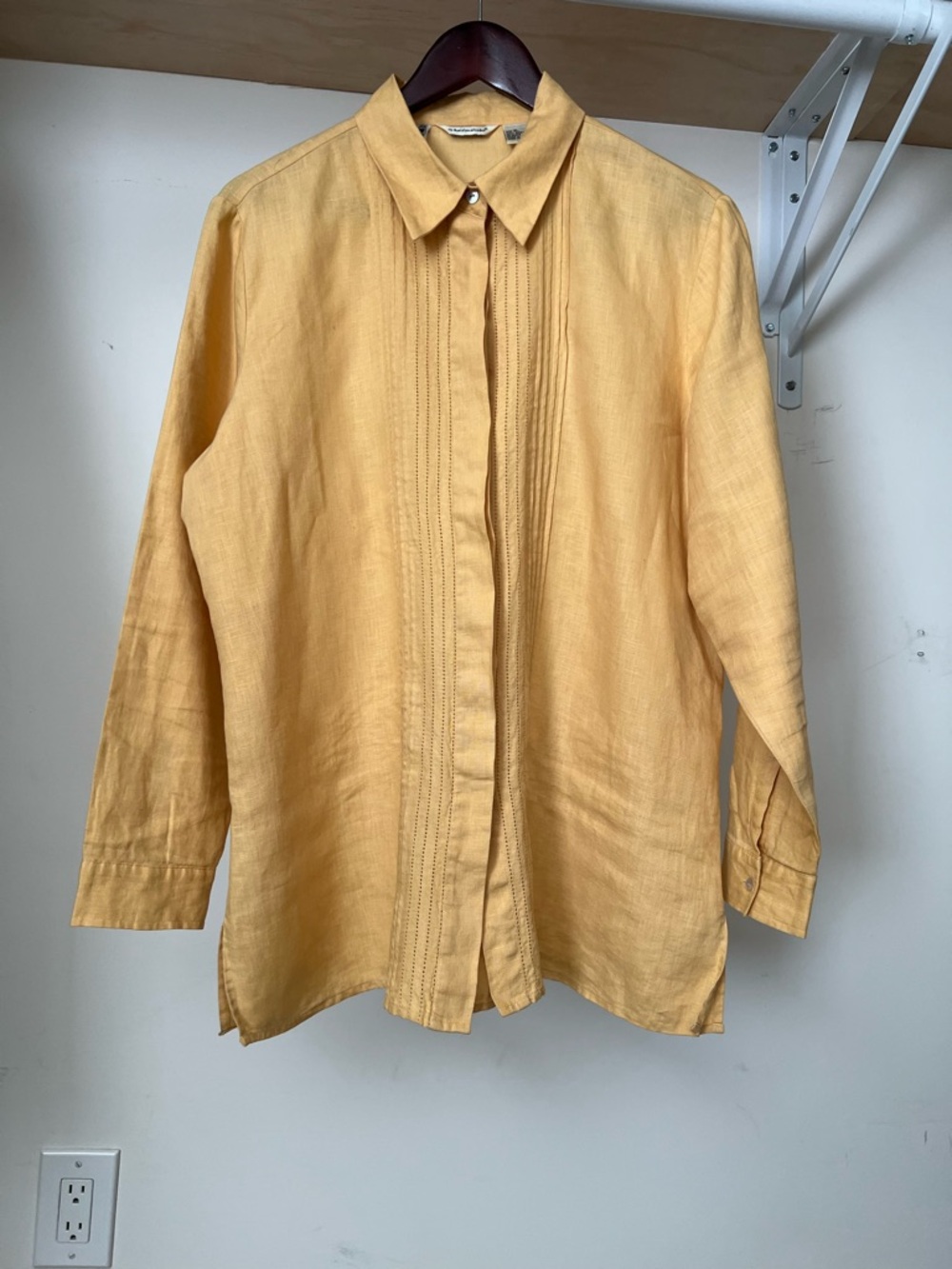 Women’s Mustard Button-Down Linen Shirt with Pintuck Front